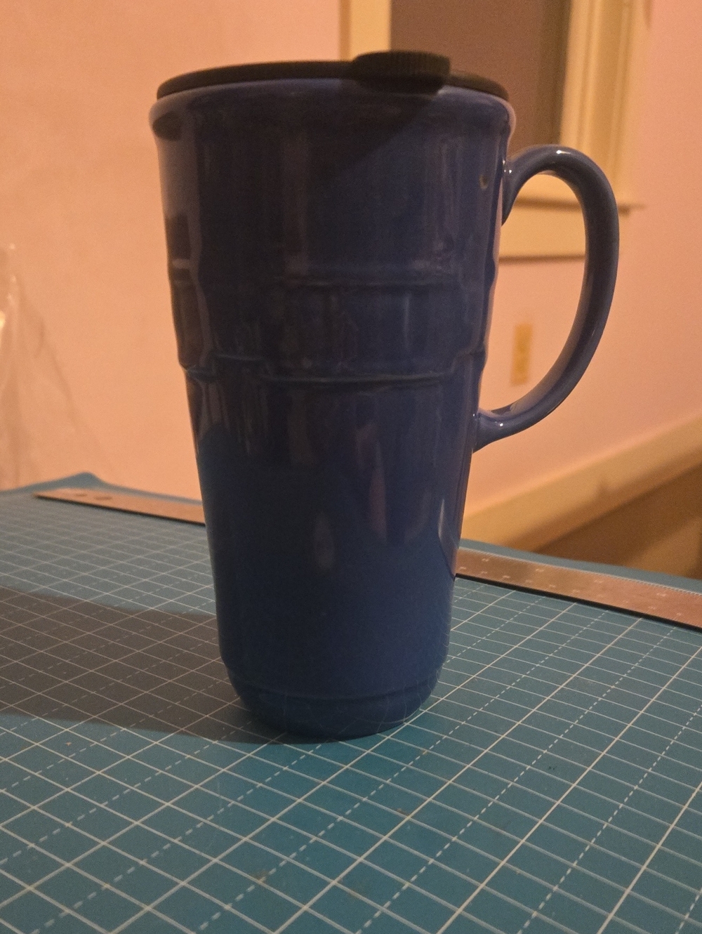 Longaberger Blue Ceramic Travel Mug with Handle and Black Lid
